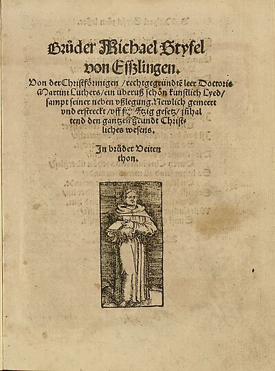 Martin Luther als Augustinermönch im Ordenshabit, Ganzfigur, stehend, leicht nach rechts, mit Buch