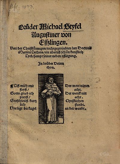 Martin Luther als Augustinermönch im Ordenshabit, Halbfigur nach rechts gewandt, im Strahlenkranz, mit Buch, Nimbus und Taube