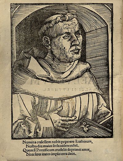 Martin Luther als Augustinermönch im Ordenshabit, Halbfigur nach rechts gewandt, mit Buch, vor einer Bogenlaibung