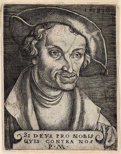 Philipp Melanchthon mit Schaube und Barett, Brustbild nach rechts, mit Inschrift