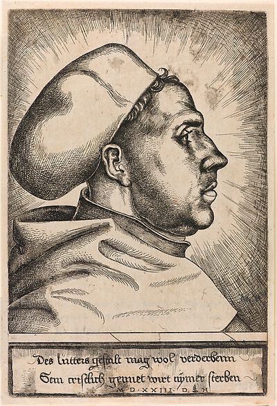 Martin Luther als Augustinermönch im Ordenshabit, mit Doktorhut, Brustbild, im Profil nach rechts, im Strahlenkranz, mit Inschrift