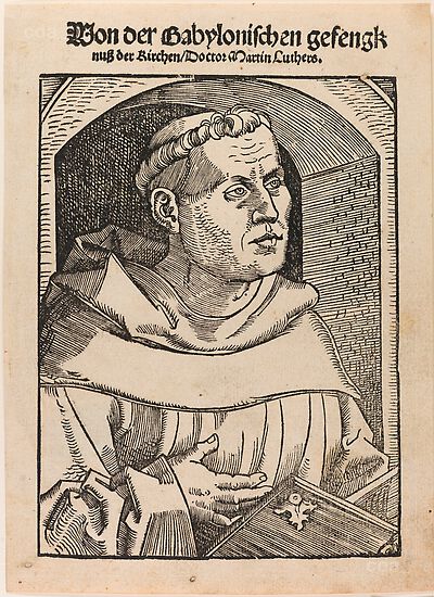 Martin Luther als Augustinermönch im Ordenshabit, Halbfigur nach rechts, mit Buch, vor einer Wandöffnung mit Bogen