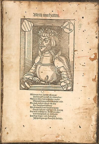 Ulrich von Hutten im Harnisch, Halbfigur nach links, mit Schwert, vor Wandöffnung, hinter Brüstung, mit Wappen