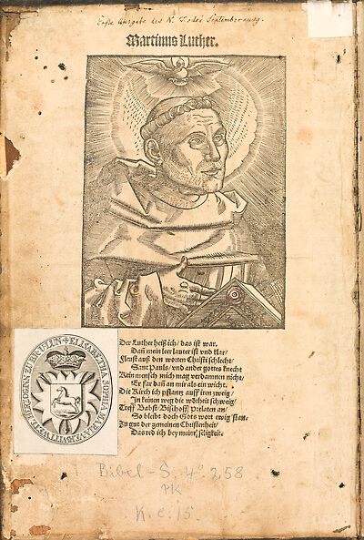 Martin Luther als Augustinermönch im Ordenshabit, Halbfigur nach rechts, im Strahlenkranz, mit Buch und Taube