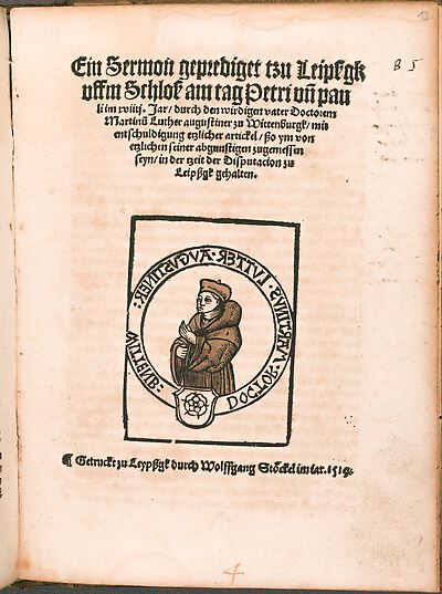 Martin Luther als Augustinermönch mit Doktorhut im Ordenshabit, Halbfigur nach links gewandt, in zweikonturigem Rund, mit Inschrift und Luther-Rose