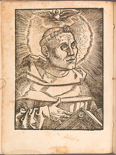 Martin Luther als Augustinermönch im Ordenshabit, Halbfigur nach rechts gewandt, im Strahlenkranz, mit Buch, Nimbus und Taube