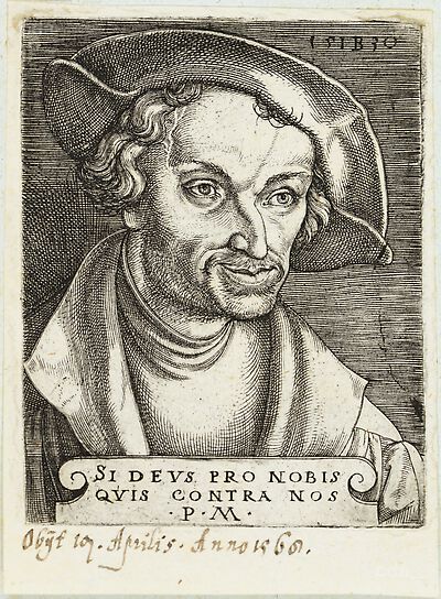 Philipp Melanchthon mit Schaube und Barett, Brustbild nach rechts, mit Inschrift