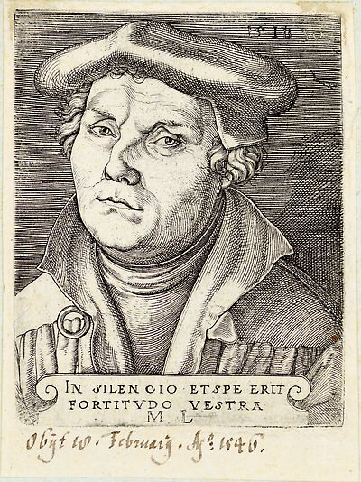 Martin Luther mit Schaube und Barett, Brustbild nach links, mit Inschrift