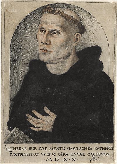 Martin Luther als Augustinermönch im Ordenshabit, Brustbild nach links, mit Inschrift