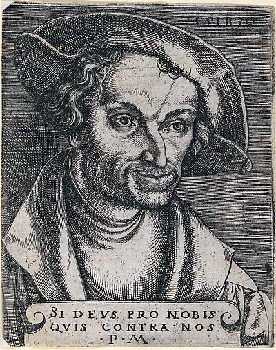 Philipp Melanchthon mit Schaube und Barett, Brustbild nach rechts, mit Inschrift