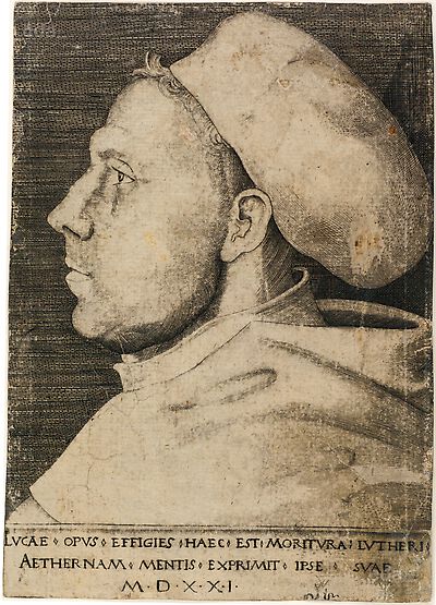 Martin Luther als Augustinermönch im Ordenshabit, mit Doktorhut, Brustbild im Profil nach links  mit Inschrift