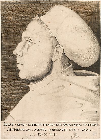Martin Luther als Augustinermönch im Ordenshabit, mit Doktorhut, Brustbild im Profil nach links, mit Inschrift