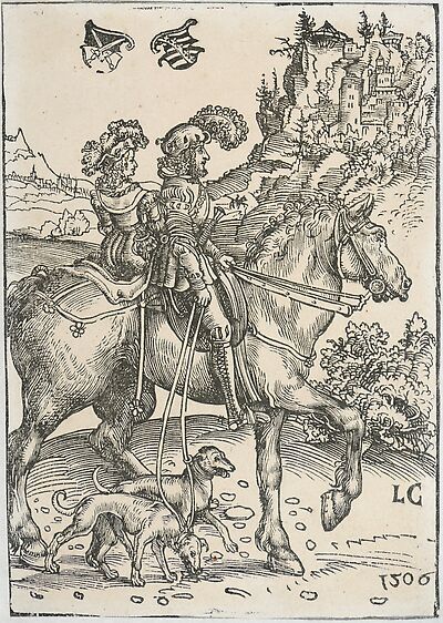 Vornehmes Paar auf einem Pferd reitend