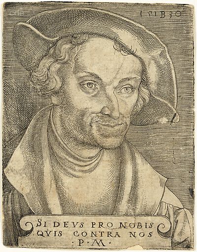 Philipp Melanchthon mit Schaube und Barett, Brustbild nach rechts, mit Inschrift