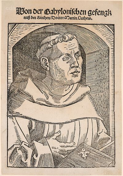 Martin Luther als Augustinermönch im Ordenshabit, Halbfigur nach rechts, mit Buch, vor einer Wandöffnung mit Bogen