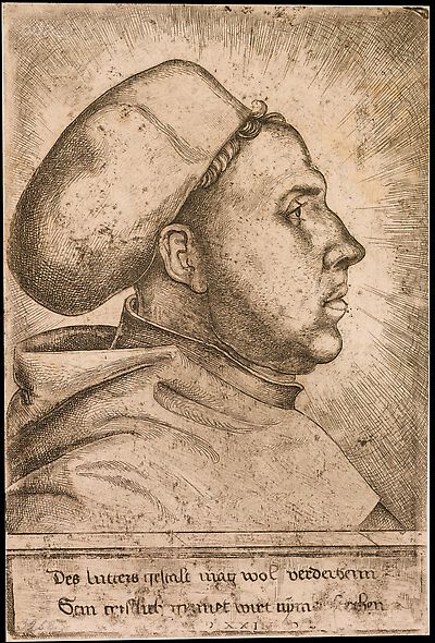 Martin Luther als Augustinermönch im Ordenshabit, mit Doktorhut, Brustbild, im Profil nach rechts, im Strahlenkranz, mit Inschrift