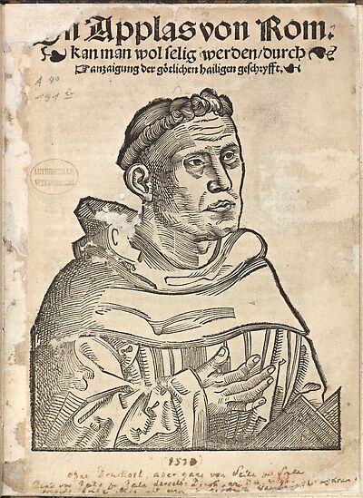 Martin Luther als Augustinermönch im Ordenshabit, Halbfigur nach rechts gewandt, mit Buch