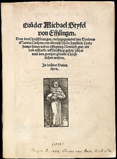 Martin Luther als Augustinermönch im Ordenshabit, Halbfigur nach rechts gewandt, im Strahlenkranz, mit Buch, Nimbus und Taube