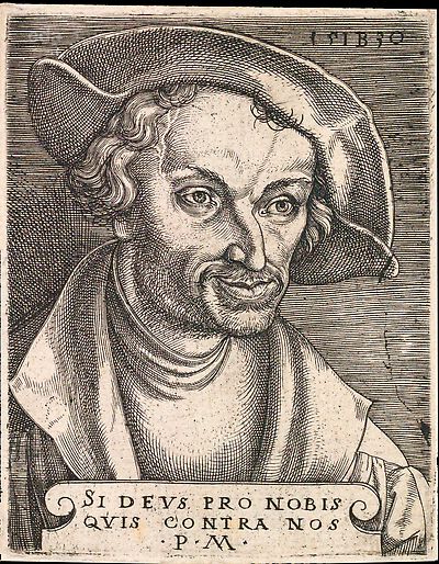 Philipp Melanchthon mit Schaube und Barett, Brustbild nach rechts, mit Inschrift