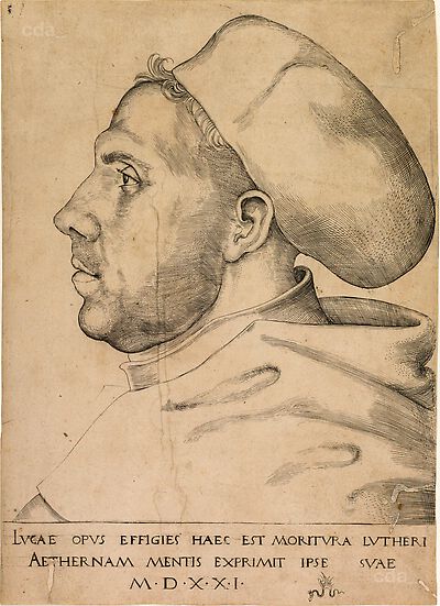 Martin Luther als Augustinermönch im Ordenshabit, mit Doktorhut, Brustbild im Profil nach links, mit Inschrift