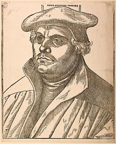 Martin Luther mit Schaube und Barett, Brustbild, nach links, mit Inschrift (beschnitten)