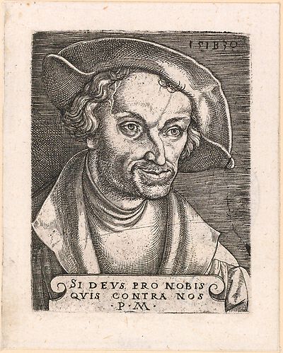 Philipp Melanchthon mit Schaube und Barett, Brustbild nach rechts, mit Inschrift