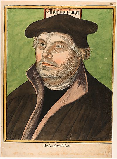 Martin Luther mit Schaube und Barett, Brustbild, nach links, mit Inschrift