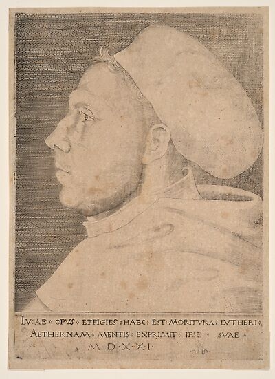 Martin Luther als Augustinermönch im Ordenshabit, mit Doktorhut, Brustbild im Profil nach links, dunkler Fond, mit Inschrift