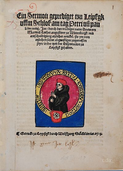 Martin Luther als Augustinermönch mit Doktorhut im Ordenshabit, Halbfigur nach links gewandt, in zweikonturigem Rund, mit Inschrift und Luther-Rose