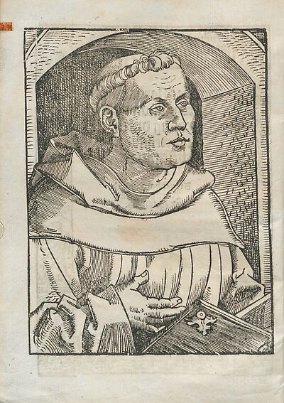 Martin Luther als Augustinermönch im Ordenshabit, Halbfigur nach rechts, mit Buch, vor einer Wandöffnung mit Bogen