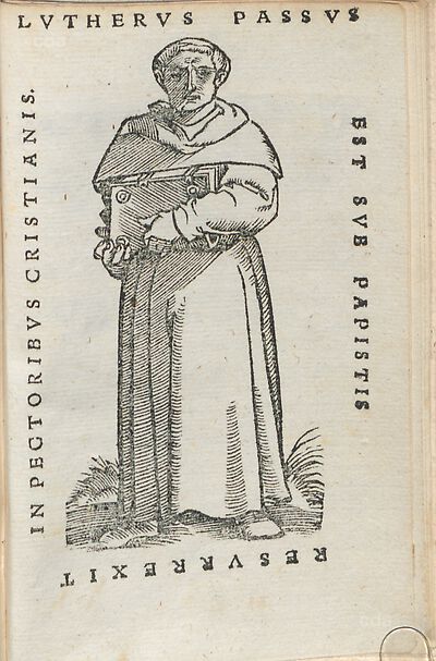 Martin Luther als Augustinermönch im Ordenshabit, Ganzfigur, stehend, frontal, mit Buch