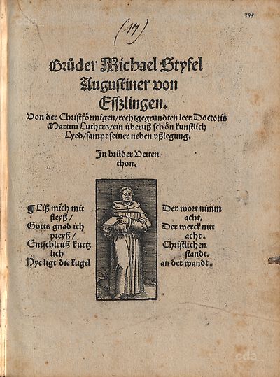 Martin Luther als Augustinermönch im Ordenshabit, Ganzfigur, stehend, leicht nach rechts gewandt, mit Buch