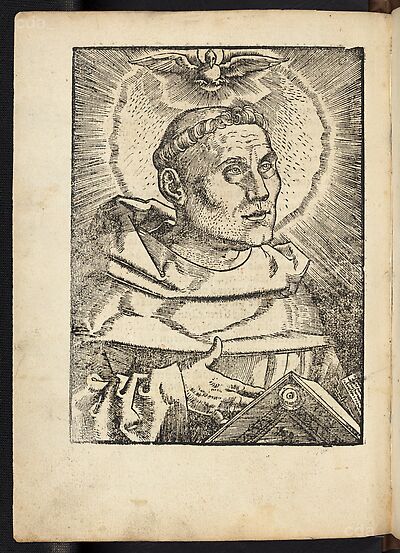 Martin Luther als Augustinermönch im Ordenshabit, Halbfigur nach rechts, im Strahlenkranz, mit Buch und Taube