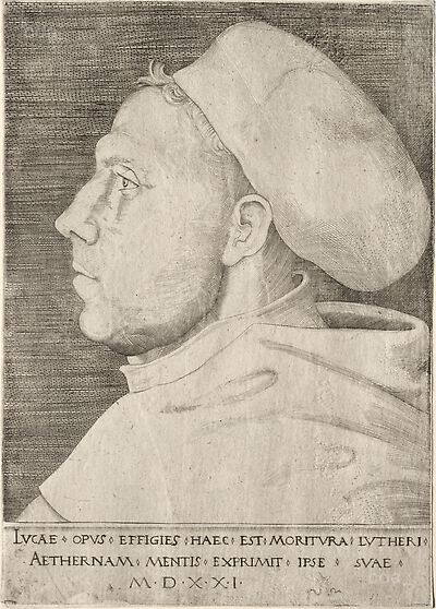 Martin Luther als Augustinermönch im Ordenshabit, mit Doktorhut, Brustbild im Profil nach links, dunkler Fond, mit Inschrift