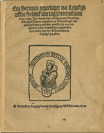 Martin Luther als Augustinermönch mit Doktorhut im Ordenshabit, Halbfigur nach links, in zweikonturigem Rund, mit Inschrift