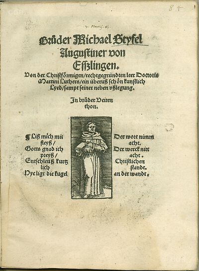 Martin Luther als Augustinermönch im Ordenshabit, Halbfigur nach rechts gewandt, im Strahlenkranz, mit Buch, Nimbus und Taube