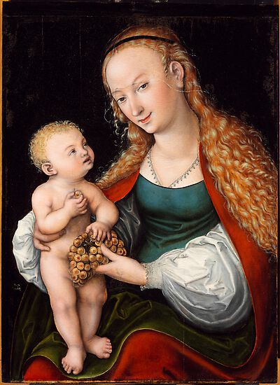 Maria reicht dem Kind eine Traube