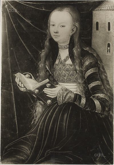 St Barbara seated before a green velvet drape