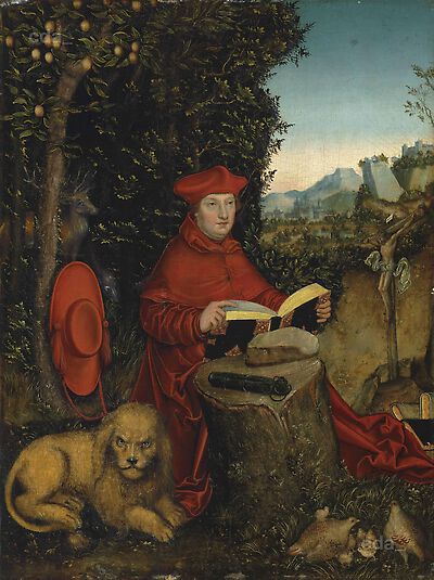 Kardinal Albrecht von Brandenburg als Hl. Hieronymus in einer Landschaft