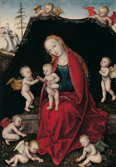Die Madonna auf einer Rasenbank, von mehreren Engeln umgeben, von den Engeln gehaltener Vorhang