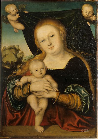 Virgin and Child behind a Sill, before a Hanging held by Two Angels