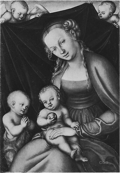 Virgin and Child adored by St John as a boy, before a drape