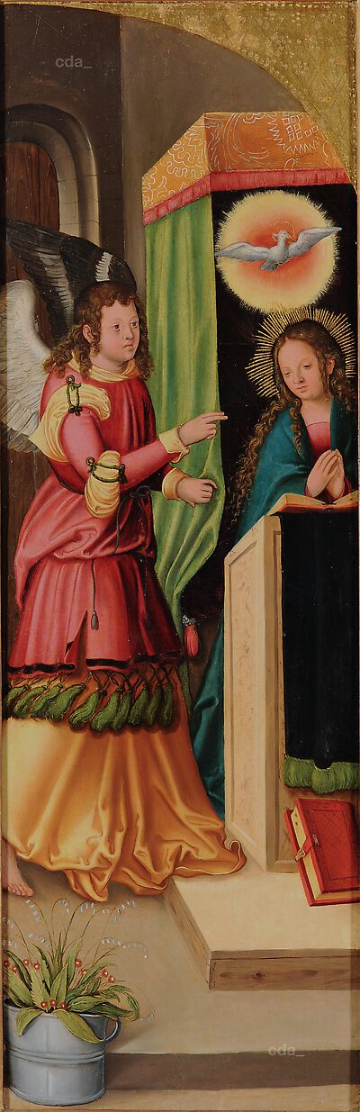 Verkündigung an Maria [linker Flügel, recto], Hl. Hieronymus [linker Flügel, verso]