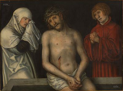 Man of Sorrows flanked by the Virgin and St John