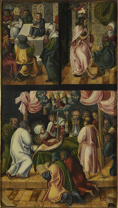Flügelretabel mit Szenen aus dem Marienleben [Mitteltafel]: Christus als Zwölfjähriger im Tempel (o. l.), Christus erscheint seiner Mutter (o. r.) und Tod der Maria (u.)