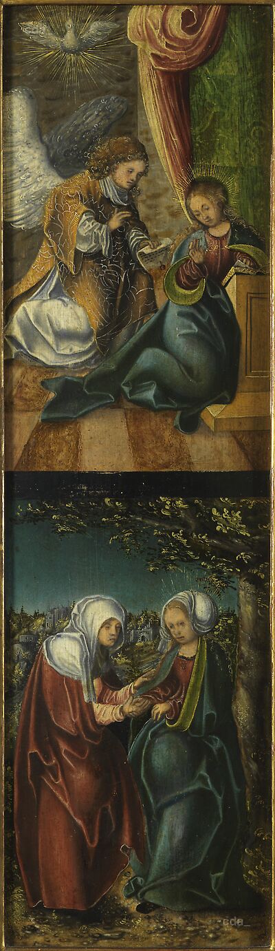 Flügelretabel mit Szenen aus dem Marienleben [linker Flügel]: Die Verkündigung (o.), Die Heimsuchung (u.) [recto]; Hl. Rochus [verso]