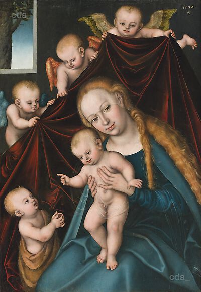 Madonna und Kind mit dem Heiligen Johannes als Kind und Engeln