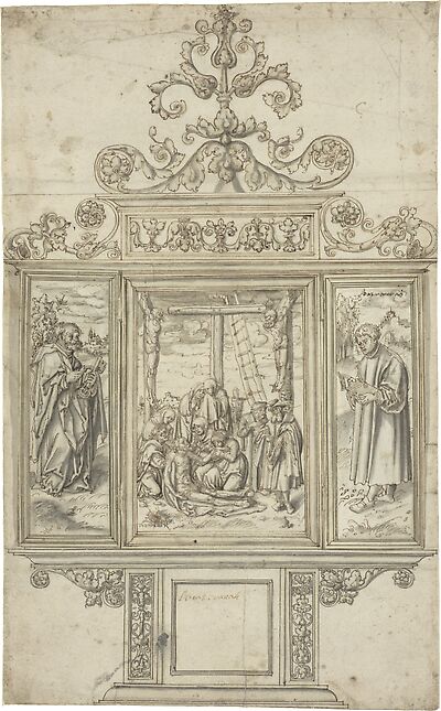 Entwurf für ein Altarretabel mit der Darstellung der Beweinung Christi auf der Mitteltafel und beweglichen Flügeln